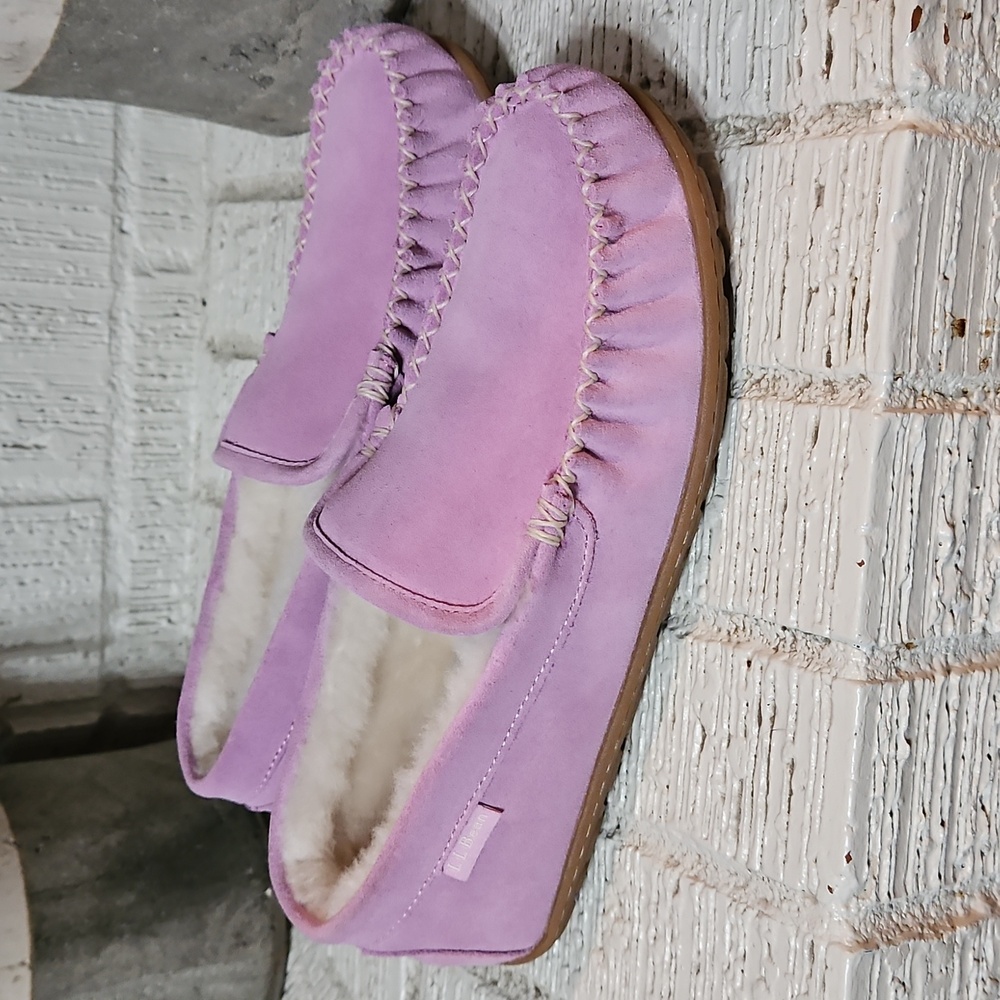 L.L. Bean Pink Suede Shearling-Lined Moccasin Slippers